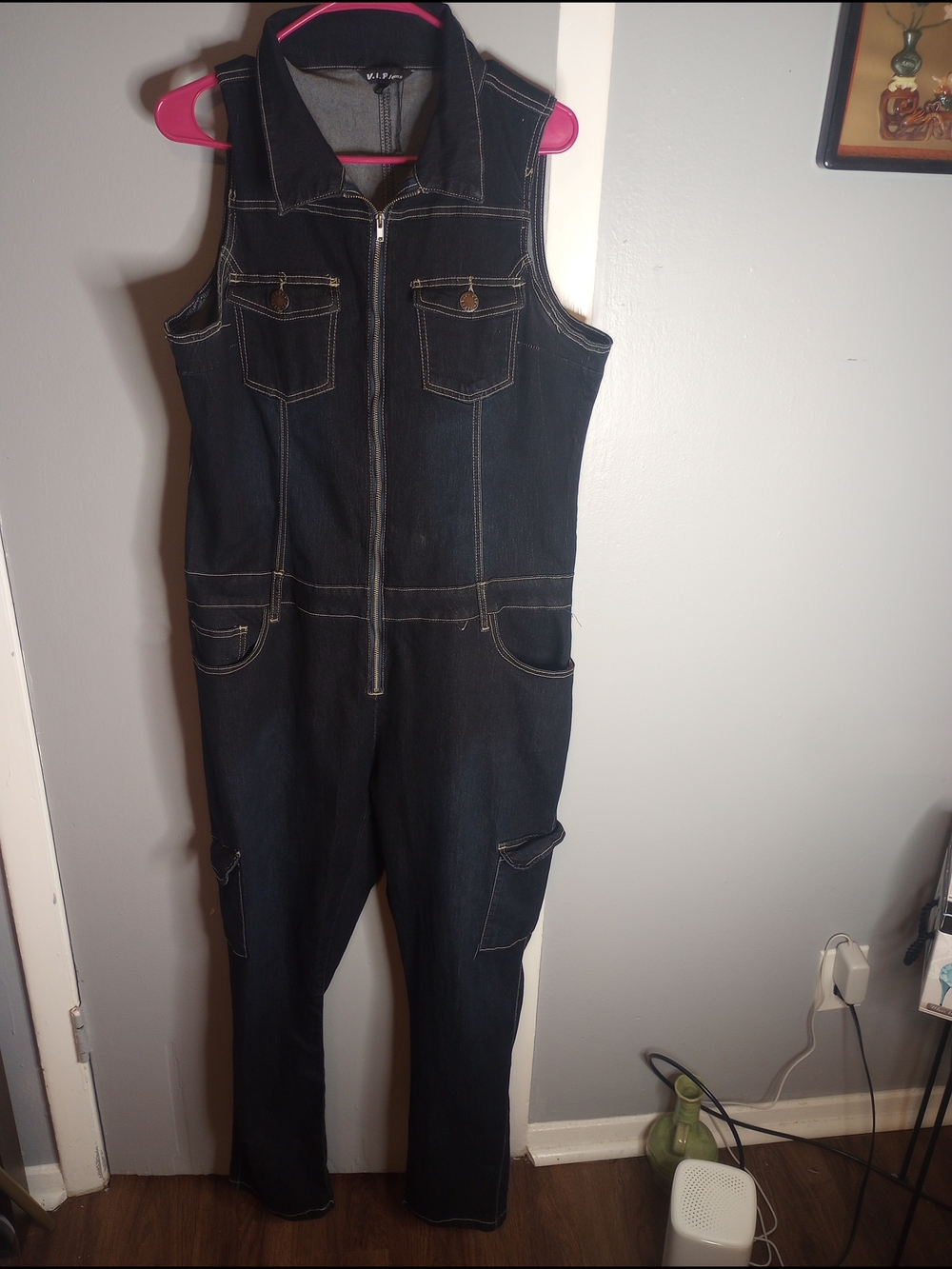 VIP Dark Blue Denim Zip-Front Sleeveless Jumpsuit